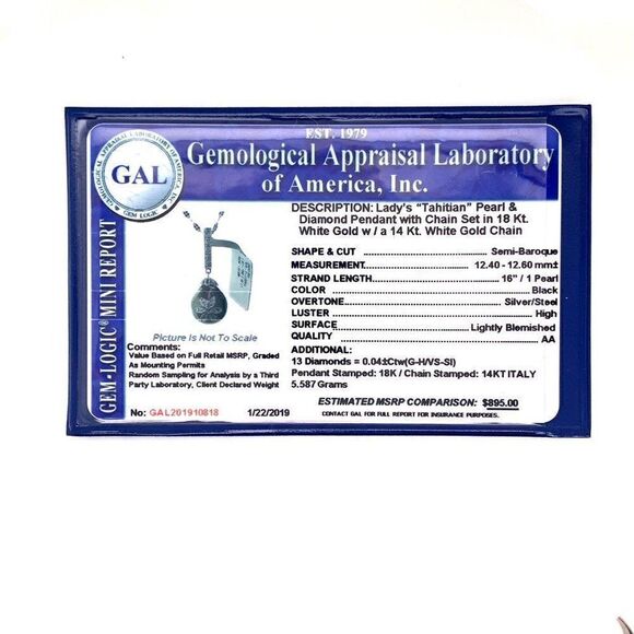 Diamond Tahitian Pearl Necklace 18k Gold 12.60 mm 16" Certified $895 910818 - Picture 7 of 7